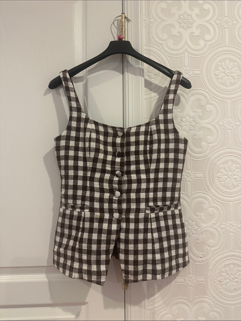 Reformation vibe ~~Brown and White Gingham Button Front Tank Top
